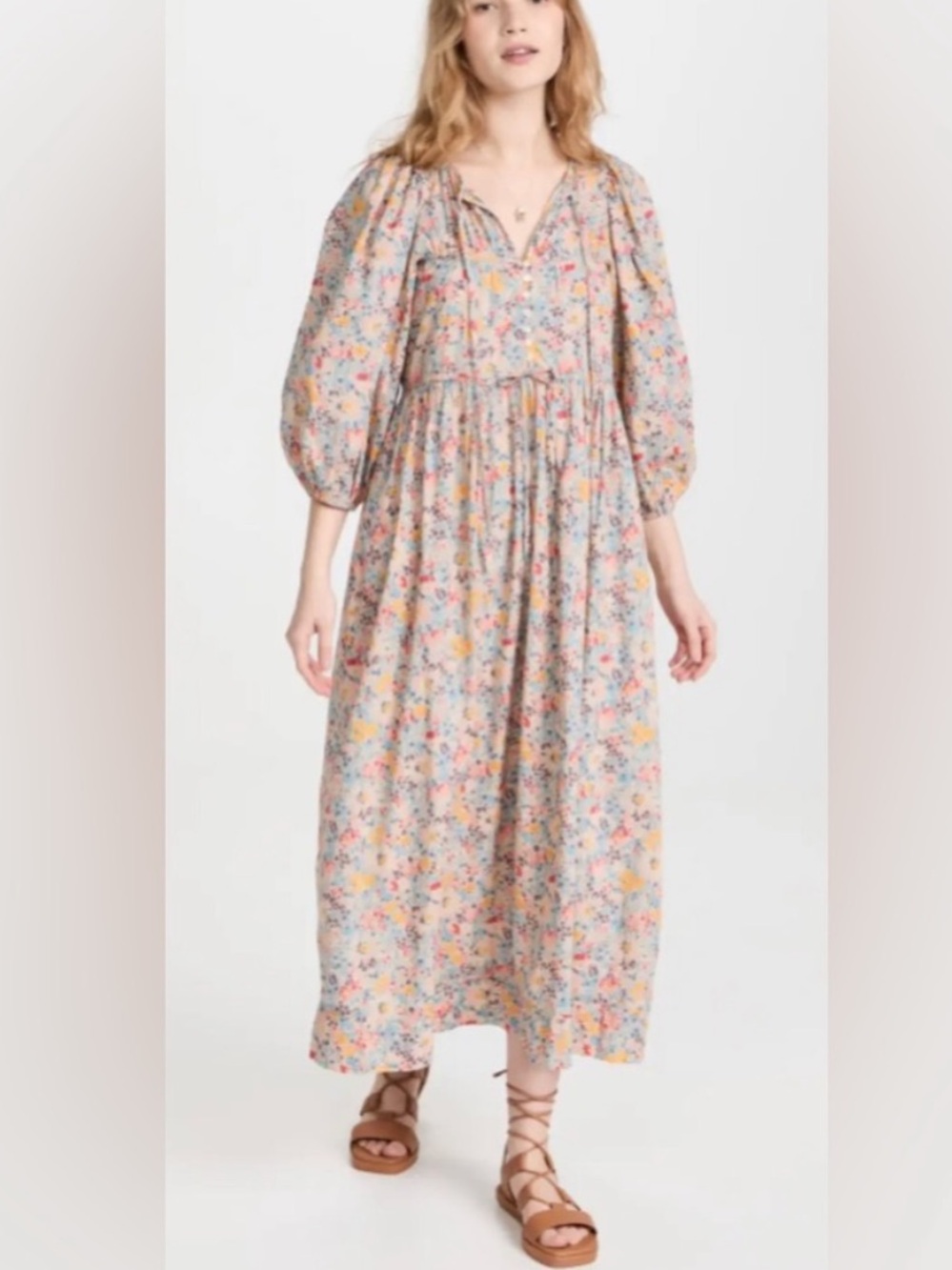 THE GREAT. Pastel Floral Midi Dress in Cream with Pink and Blue Motif